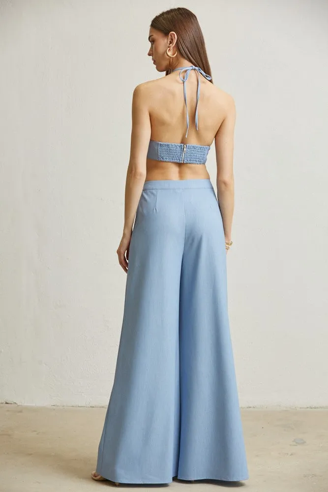 2pc set- flower applique crop halter & wide leg pants