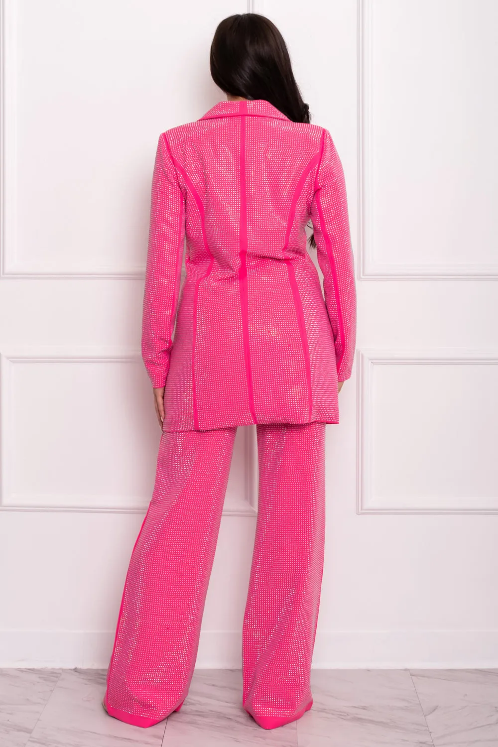 3PC SET- crystal studded wide leg pants, bralette, & blazer