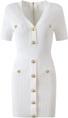 Alloaone Knitted Dress Women Supplier Short Sleeve Summer Bodycon V-Neck Chic Mini Dresses