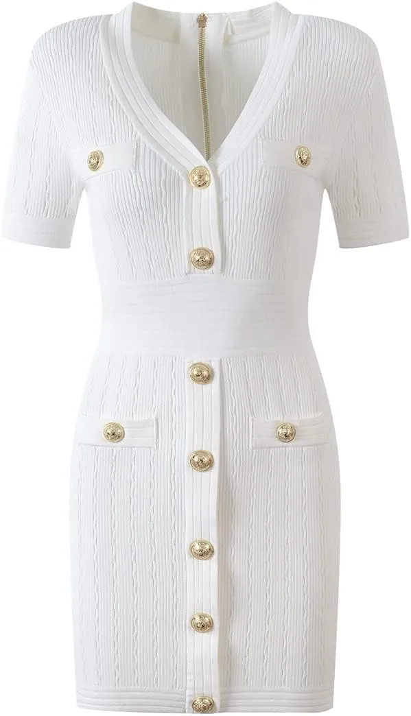 Alloaone Knitted Dress Women Supplier Short Sleeve Summer Bodycon V-Neck Chic Mini Dresses