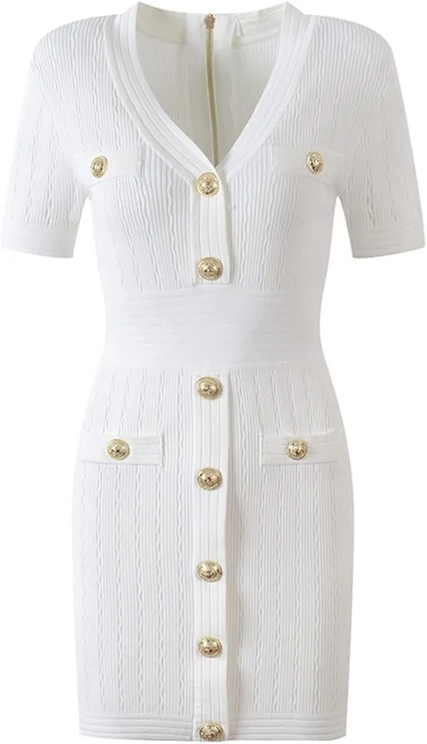 Alloaone Knitted Dress Women Supplier Short Sleeve Summer Bodycon V-Neck Chic Mini Dresses