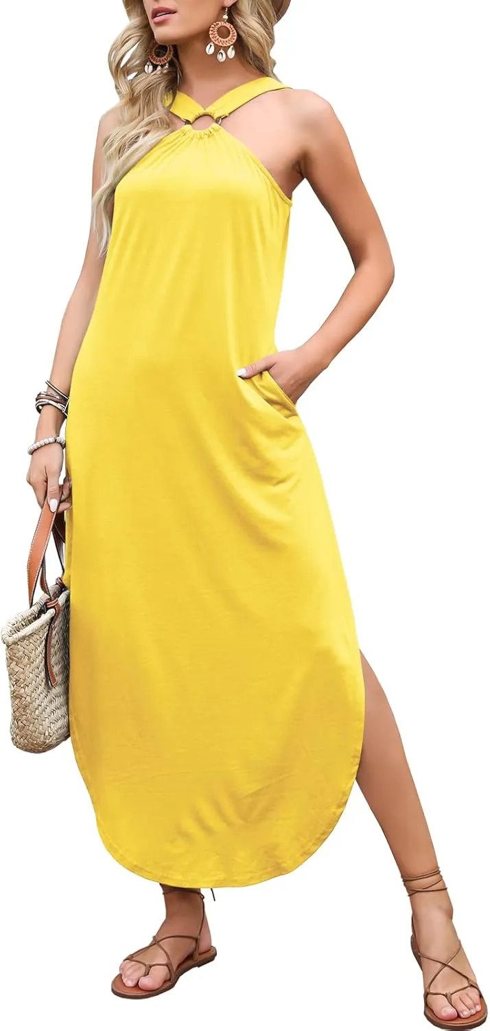 ANRABESS Women Summer Halter Neck Sundress Sleeveless Split Side Casual Beach Travel Vacation Maxi Long Dress with Pockets