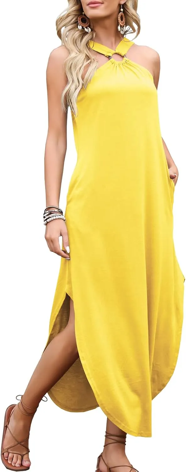 ANRABESS Women Summer Halter Neck Sundress Sleeveless Split Side Casual Beach Travel Vacation Maxi Long Dress with Pockets