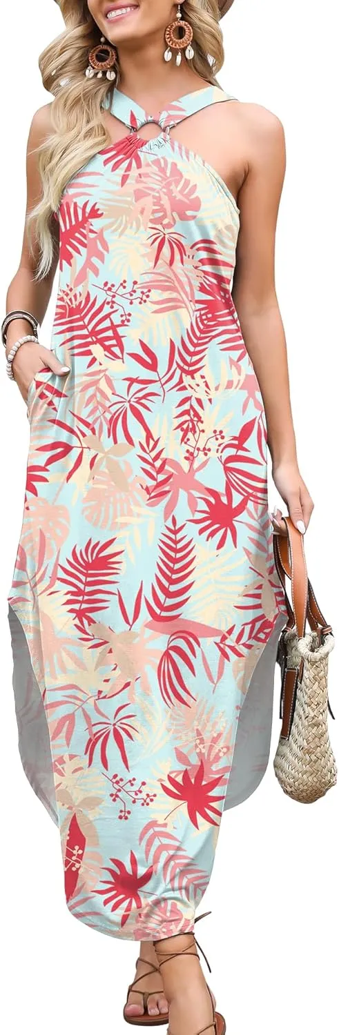 ANRABESS Women Summer Halter Neck Sundress Sleeveless Split Side Casual Beach Travel Vacation Maxi Long Dress with Pockets