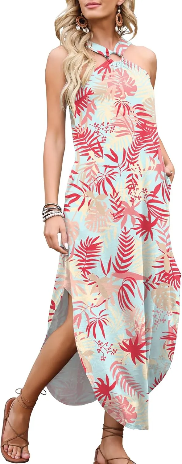 ANRABESS Women Summer Halter Neck Sundress Sleeveless Split Side Casual Beach Travel Vacation Maxi Long Dress with Pockets