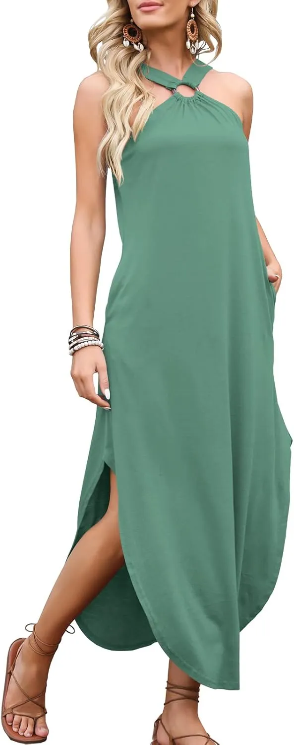 ANRABESS Women Summer Halter Neck Sundress Sleeveless Split Side Casual Beach Travel Vacation Maxi Long Dress with Pockets