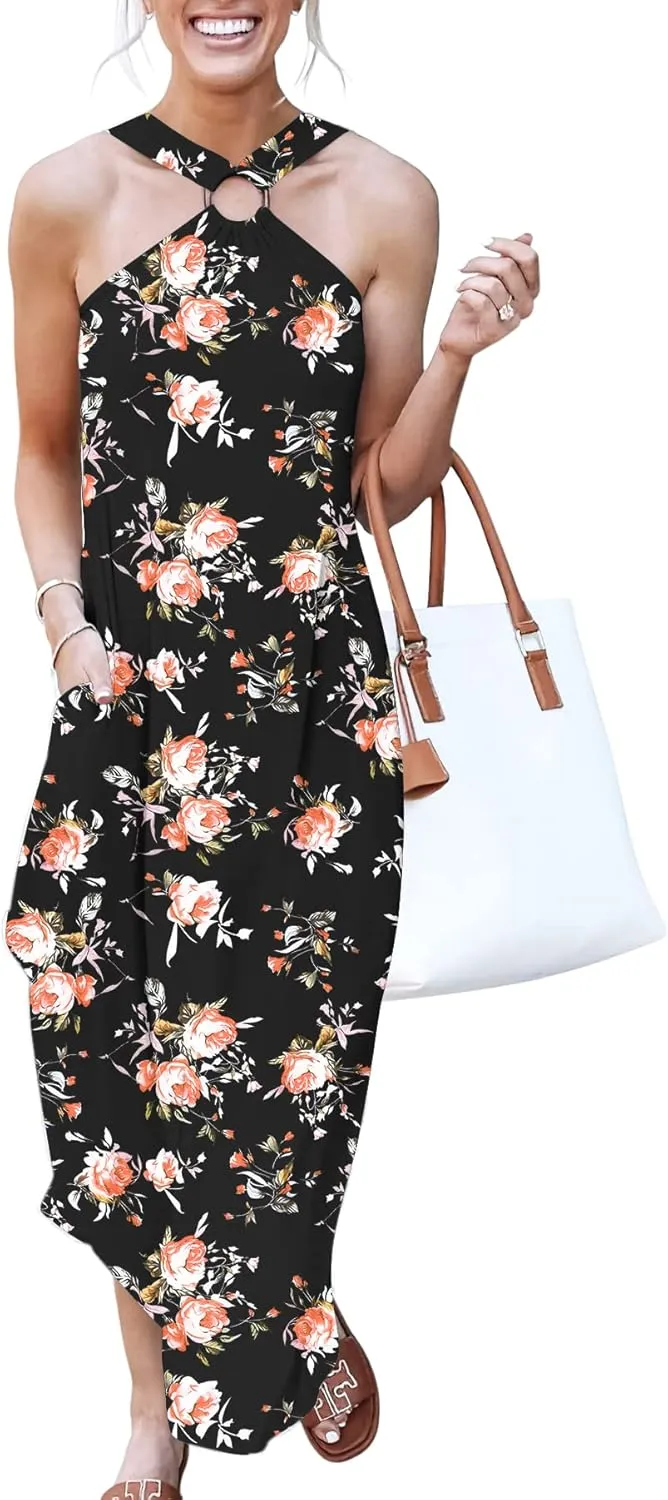 ANRABESS Women Summer Halter Neck Sundress Sleeveless Split Side Casual Beach Travel Vacation Maxi Long Dress with Pockets