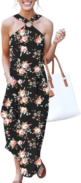 ANRABESS Women Summer Halter Neck Sundress Sleeveless Split Side Casual Beach Travel Vacation Maxi Long Dress with Pockets