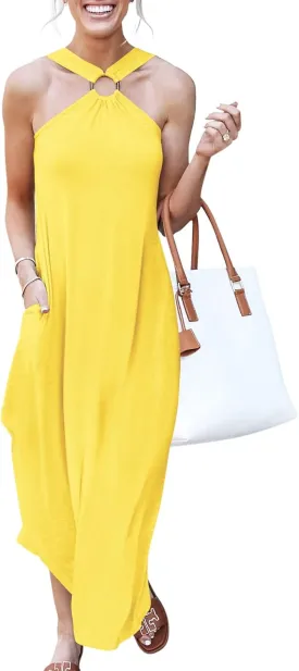 ANRABESS Women Summer Halter Neck Sundress Sleeveless Split Side Casual Beach Travel Vacation Maxi Long Dress with Pockets