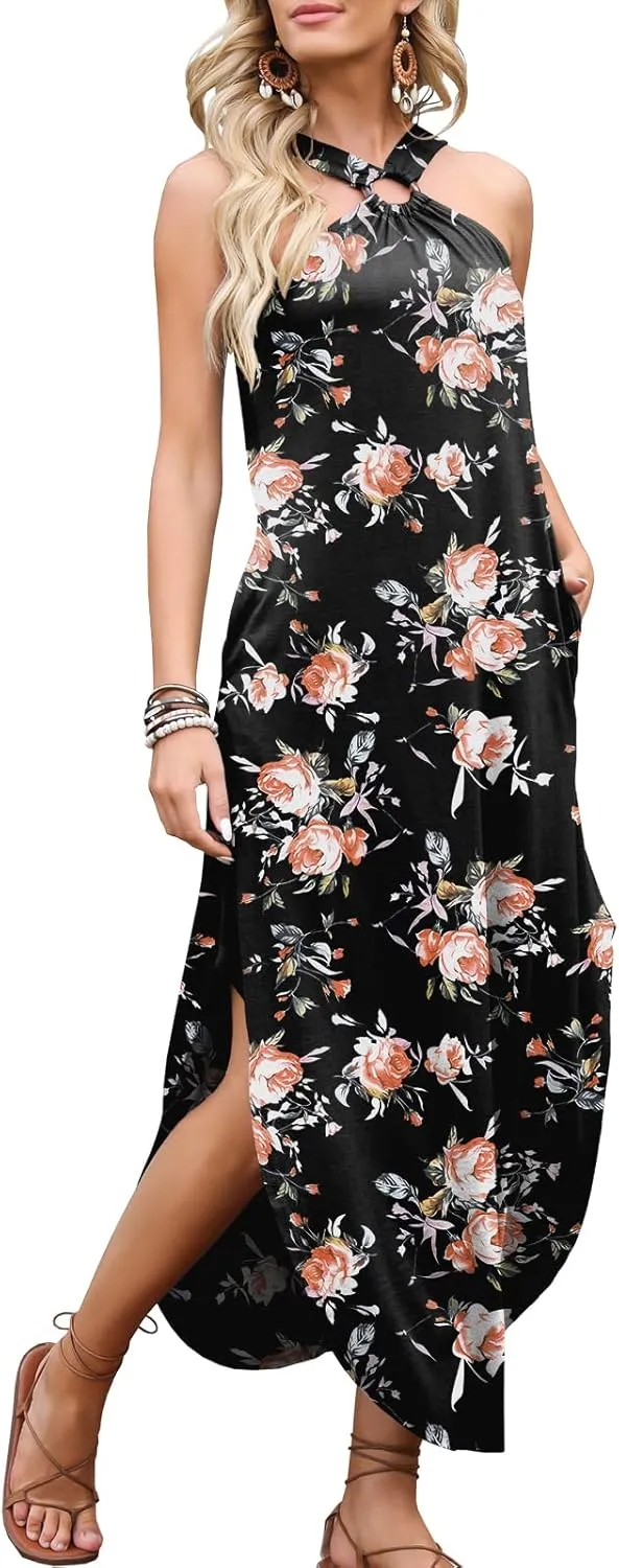 ANRABESS Women Summer Halter Neck Sundress Sleeveless Split Side Casual Beach Travel Vacation Maxi Long Dress with Pockets