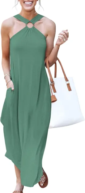 ANRABESS Women Summer Halter Neck Sundress Sleeveless Split Side Casual Beach Travel Vacation Maxi Long Dress with Pockets