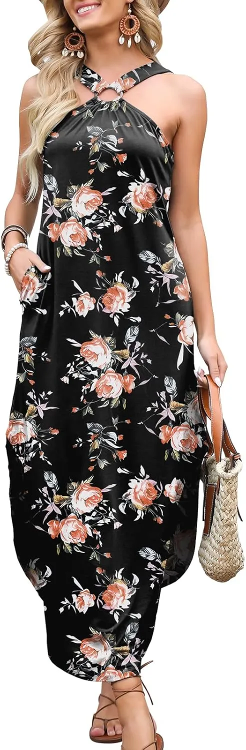 ANRABESS Women Summer Halter Neck Sundress Sleeveless Split Side Casual Beach Travel Vacation Maxi Long Dress with Pockets