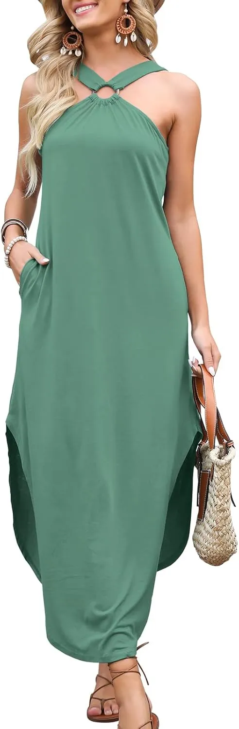 ANRABESS Women Summer Halter Neck Sundress Sleeveless Split Side Casual Beach Travel Vacation Maxi Long Dress with Pockets