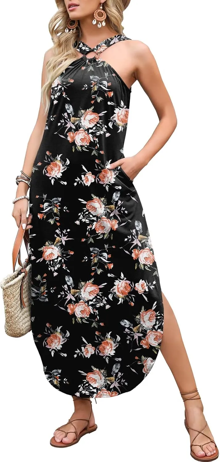 ANRABESS Women Summer Halter Neck Sundress Sleeveless Split Side Casual Beach Travel Vacation Maxi Long Dress with Pockets