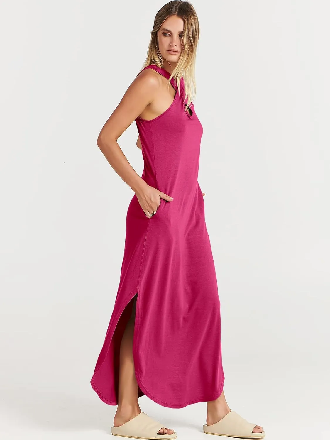 ANRABESS Womens Casual Summer Maxi Dress Sexy Slit Side Sleeveless Loose Beach Long Sundress Vacation Outfits with Pockets