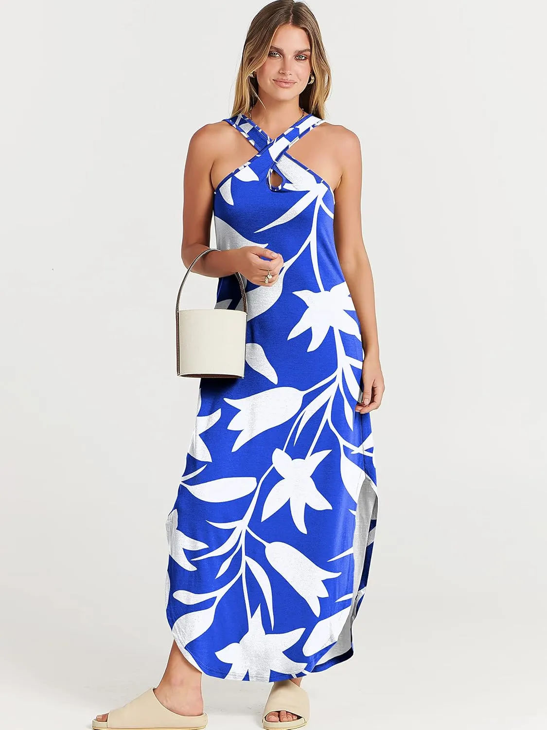ANRABESS Womens Casual Summer Maxi Dress Sexy Slit Side Sleeveless Loose Beach Long Sundress Vacation Outfits with Pockets
