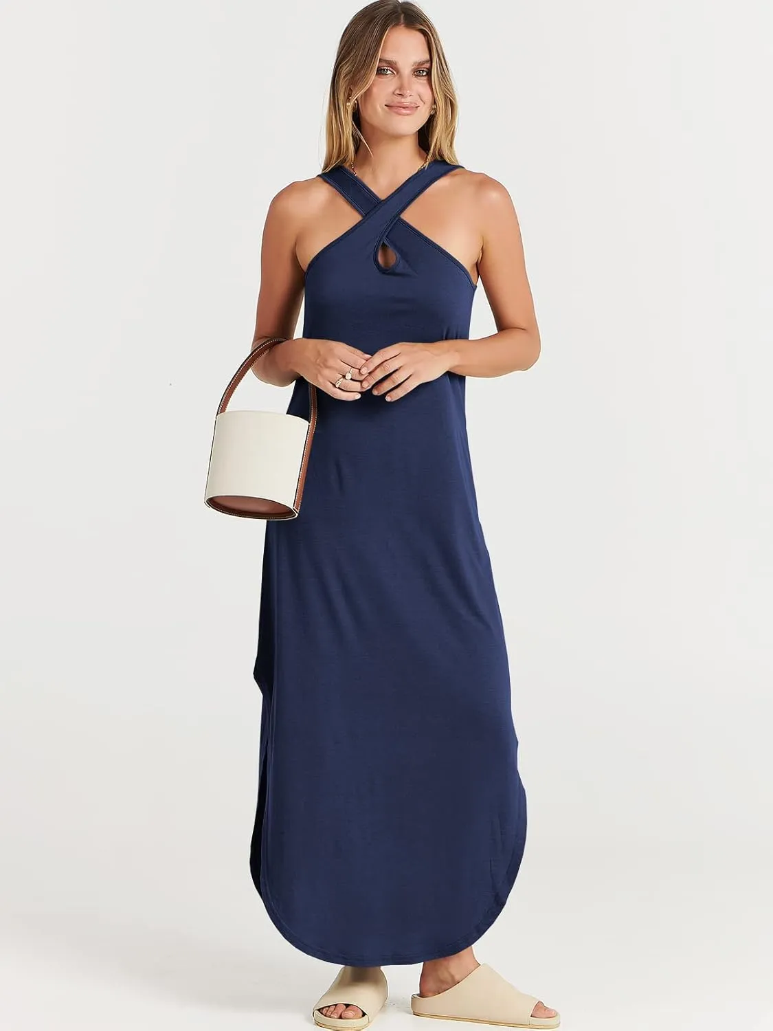 ANRABESS Womens Casual Summer Maxi Dress Sexy Slit Side Sleeveless Loose Beach Long Sundress Vacation Outfits with Pockets