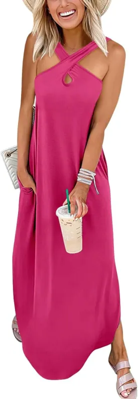 ANRABESS Womens Casual Summer Maxi Dress Sexy Slit Side Sleeveless Loose Beach Long Sundress Vacation Outfits with Pockets