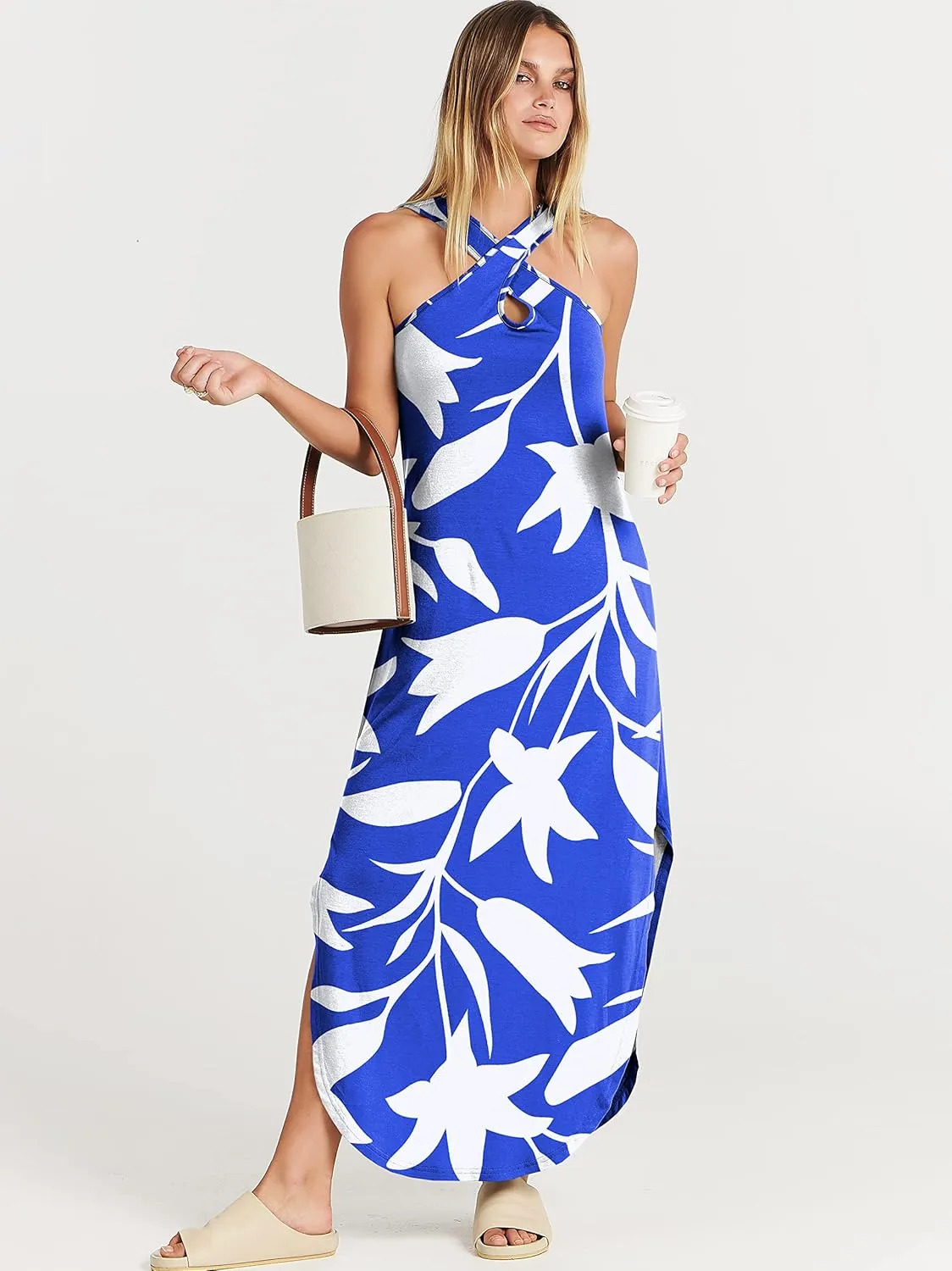 ANRABESS Womens Casual Summer Maxi Dress Sexy Slit Side Sleeveless Loose Beach Long Sundress Vacation Outfits with Pockets