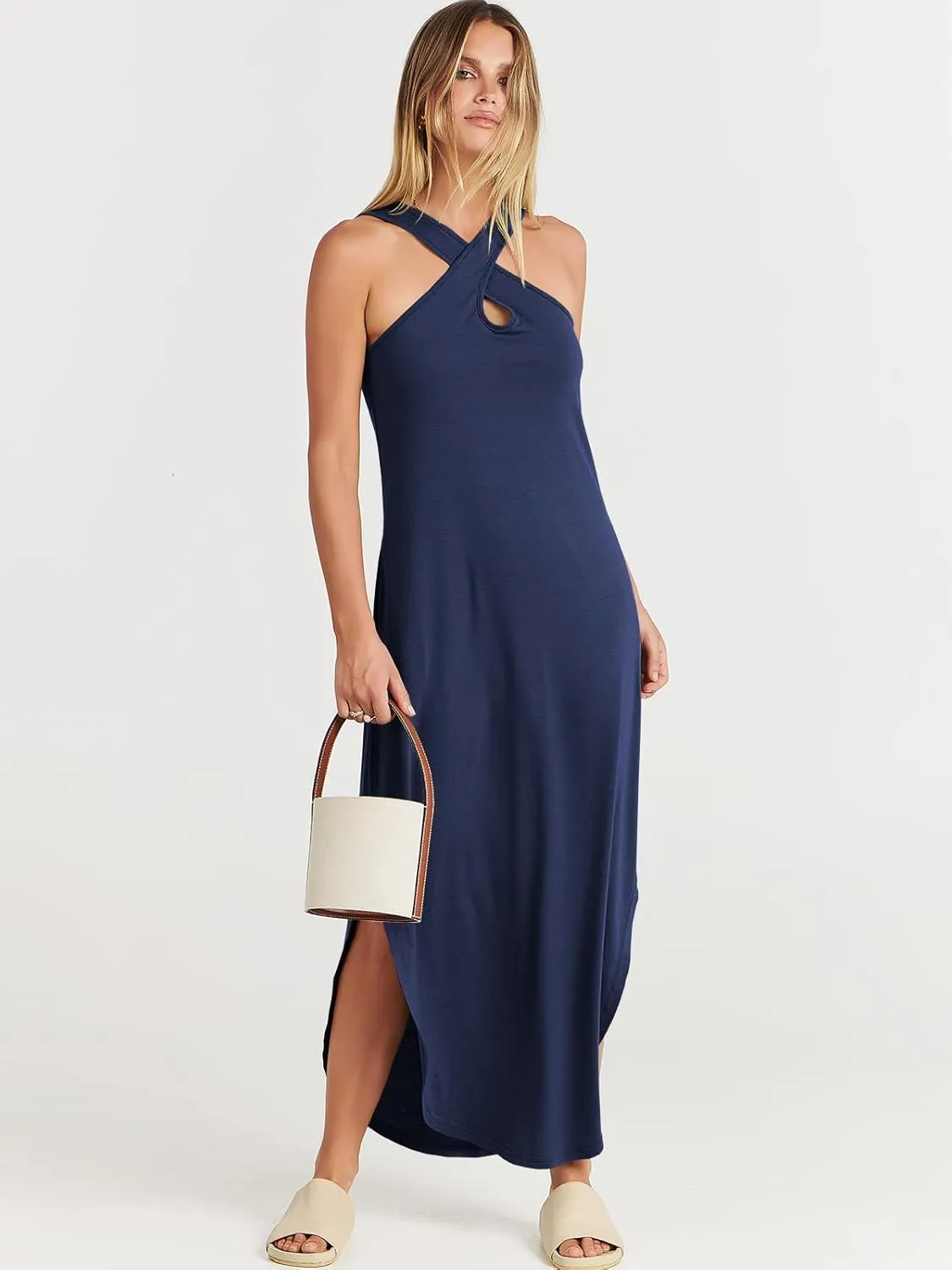 ANRABESS Womens Casual Summer Maxi Dress Sexy Slit Side Sleeveless Loose Beach Long Sundress Vacation Outfits with Pockets