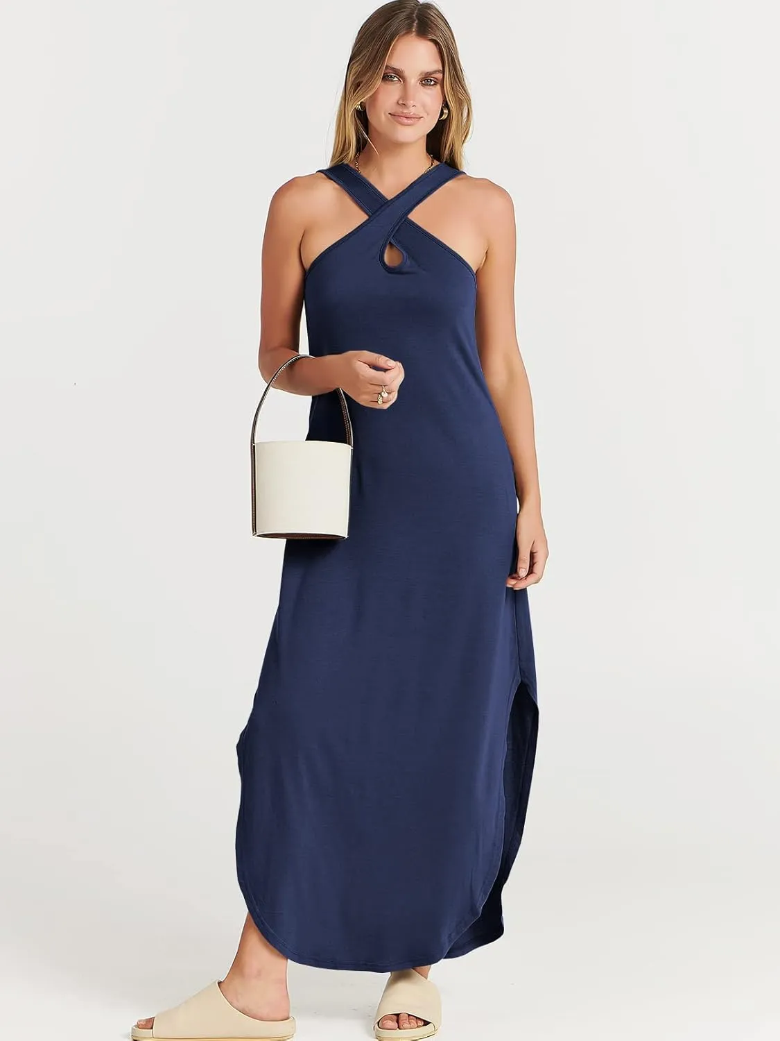 ANRABESS Womens Casual Summer Maxi Dress Sexy Slit Side Sleeveless Loose Beach Long Sundress Vacation Outfits with Pockets