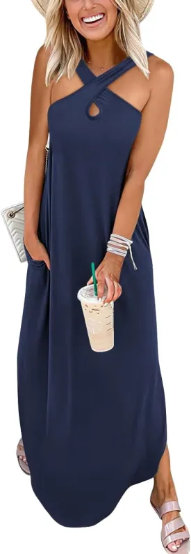 ANRABESS Womens Casual Summer Maxi Dress Sexy Slit Side Sleeveless Loose Beach Long Sundress Vacation Outfits with Pockets