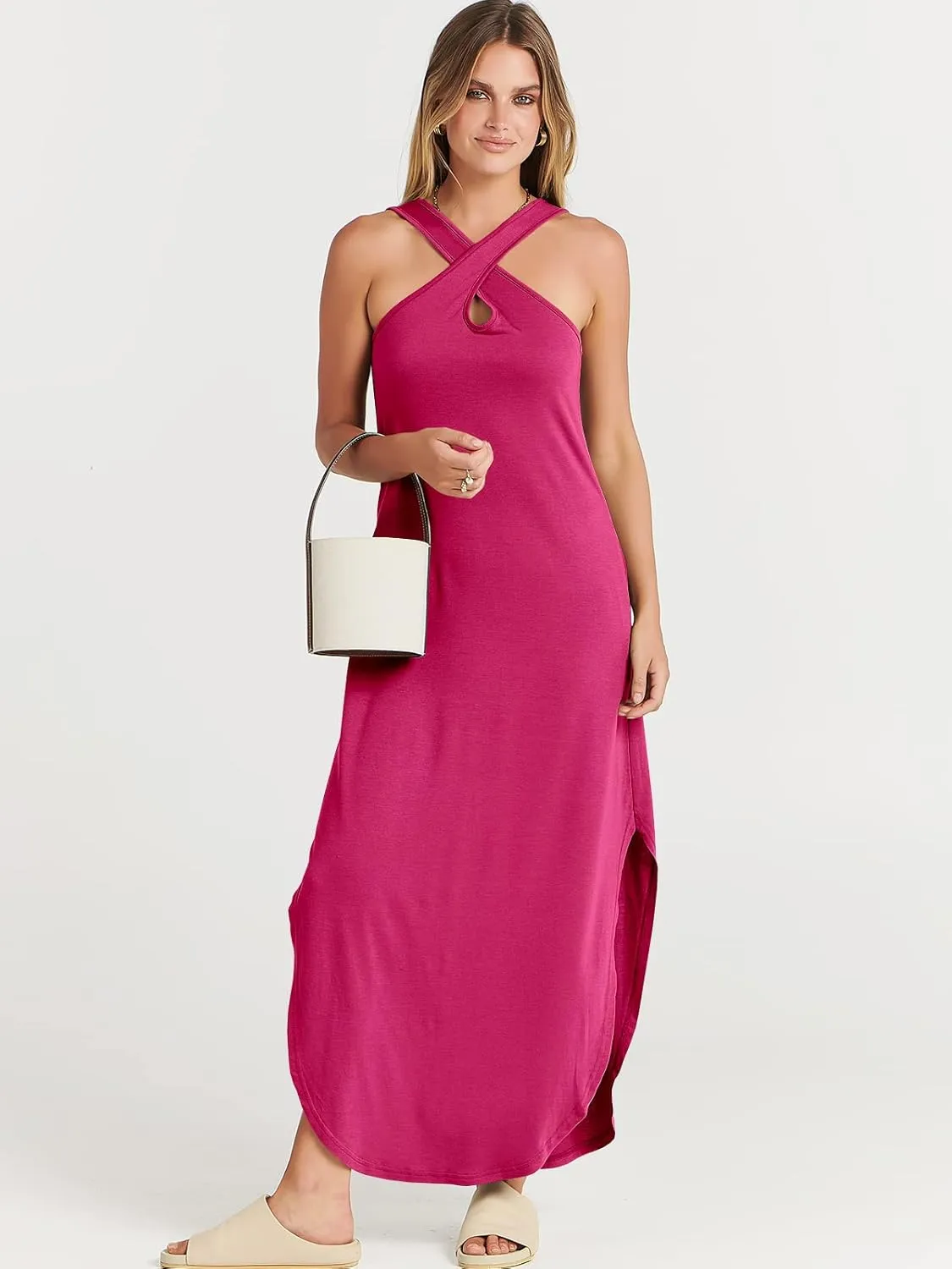 ANRABESS Womens Casual Summer Maxi Dress Sexy Slit Side Sleeveless Loose Beach Long Sundress Vacation Outfits with Pockets
