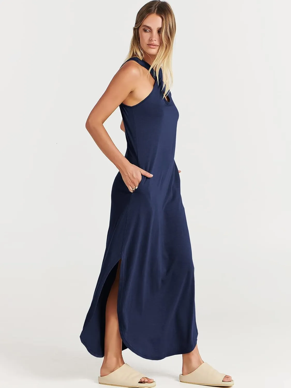 ANRABESS Womens Casual Summer Maxi Dress Sexy Slit Side Sleeveless Loose Beach Long Sundress Vacation Outfits with Pockets