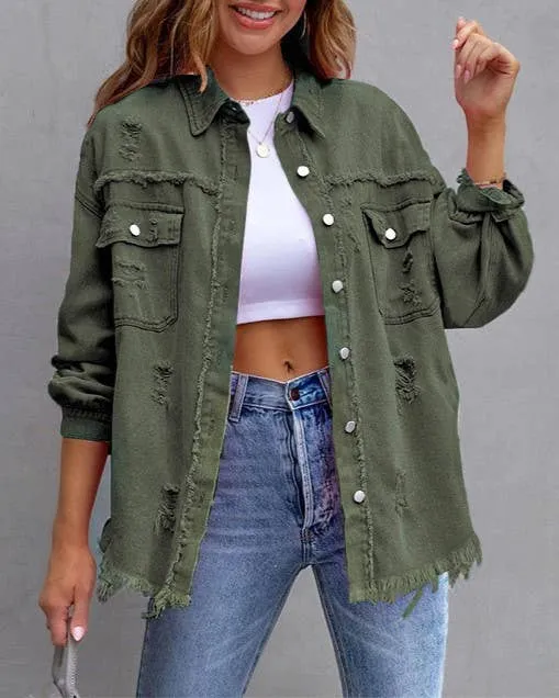 Army Green Ripped Long-Sleeved Denim Jacket