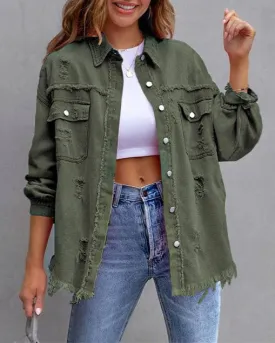 Army Green Ripped Long-Sleeved Denim Jacket