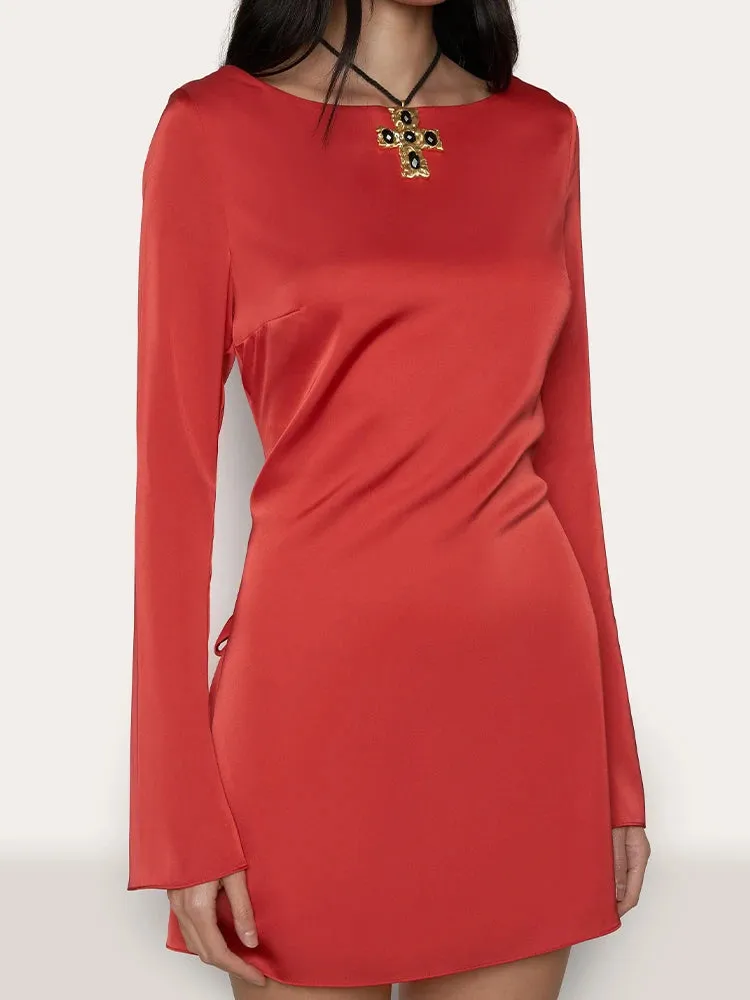 Backless Bandage Satin Long Sleeve Solid Mini Dress