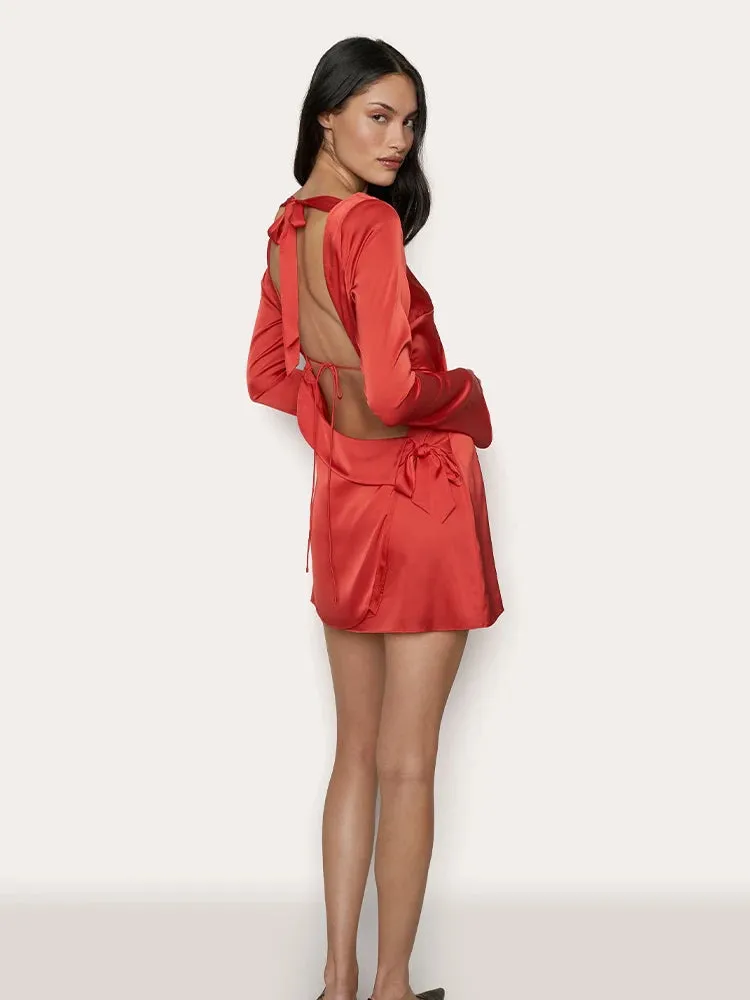 Backless Bandage Satin Long Sleeve Solid Mini Dress