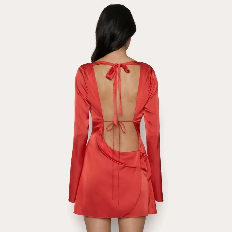 Backless Bandage Satin Long Sleeve Solid Mini Dress