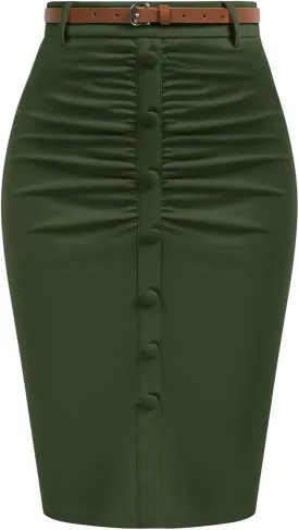 Belle Poque Women's Stretchy Pencil Skirts for Women Womens High Waist Midi Skirt Bodycon Pencil Skirts Vintage with Belt