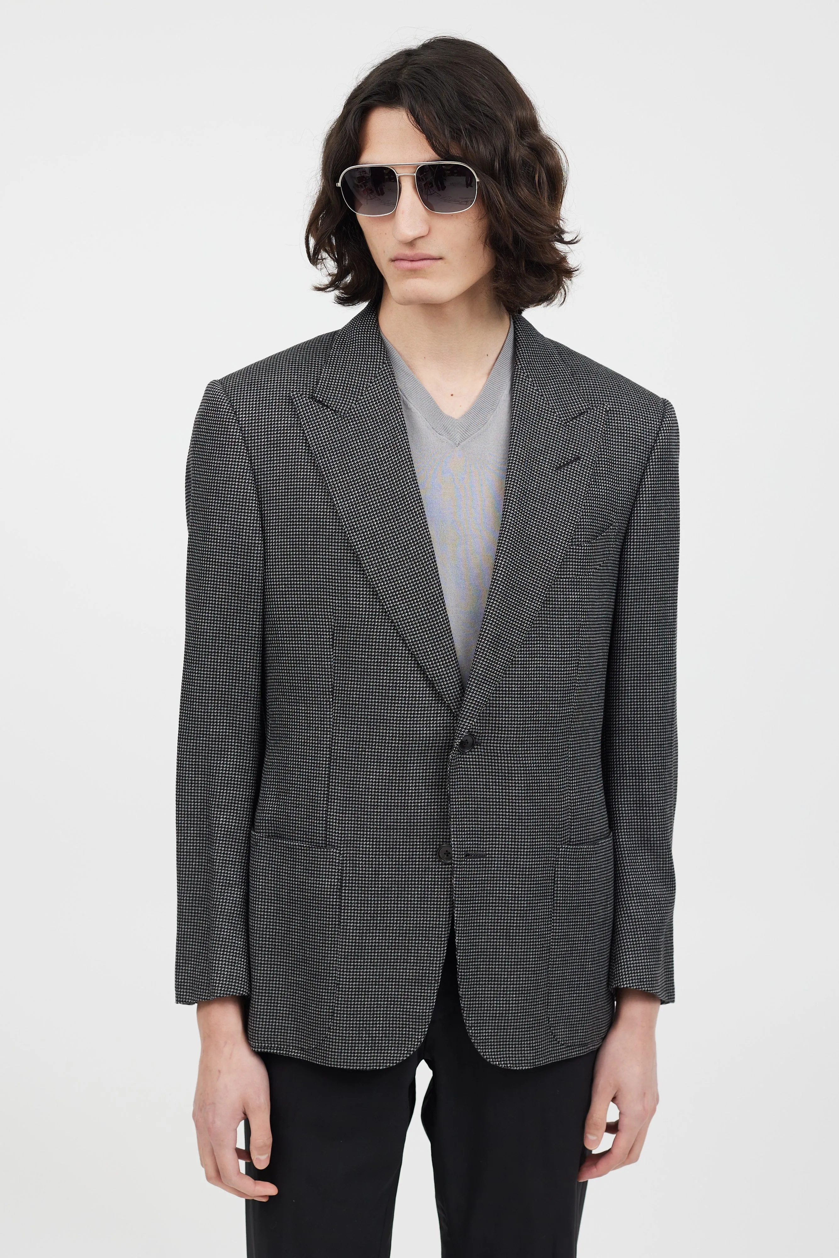 Black & Grey Silk Houndstooth Blazer