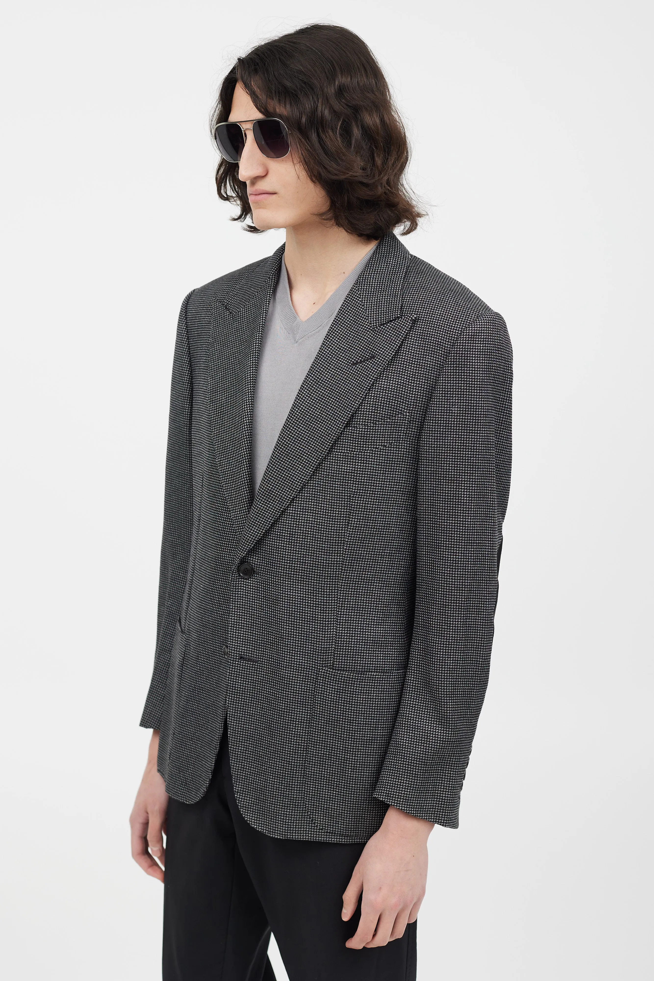Black & Grey Silk Houndstooth Blazer