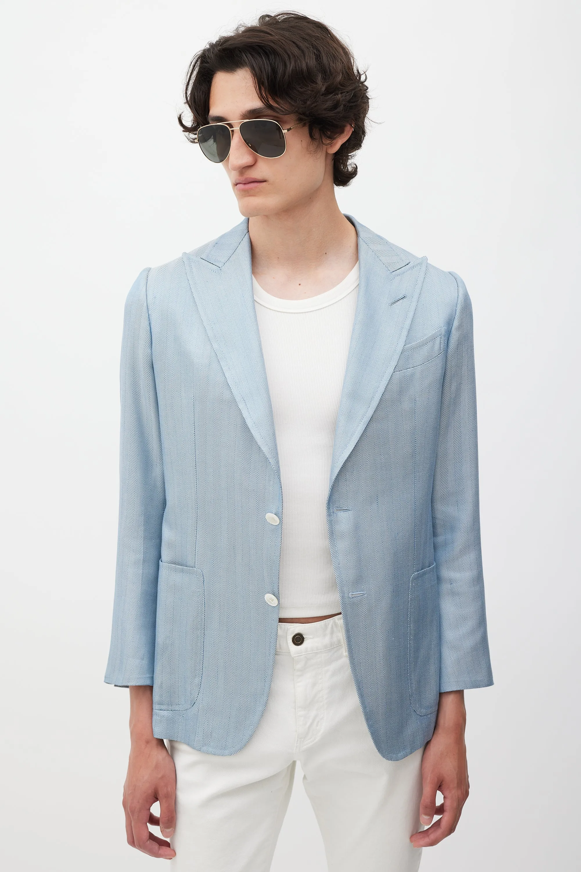 Blue Silk Houndstooth Blazer