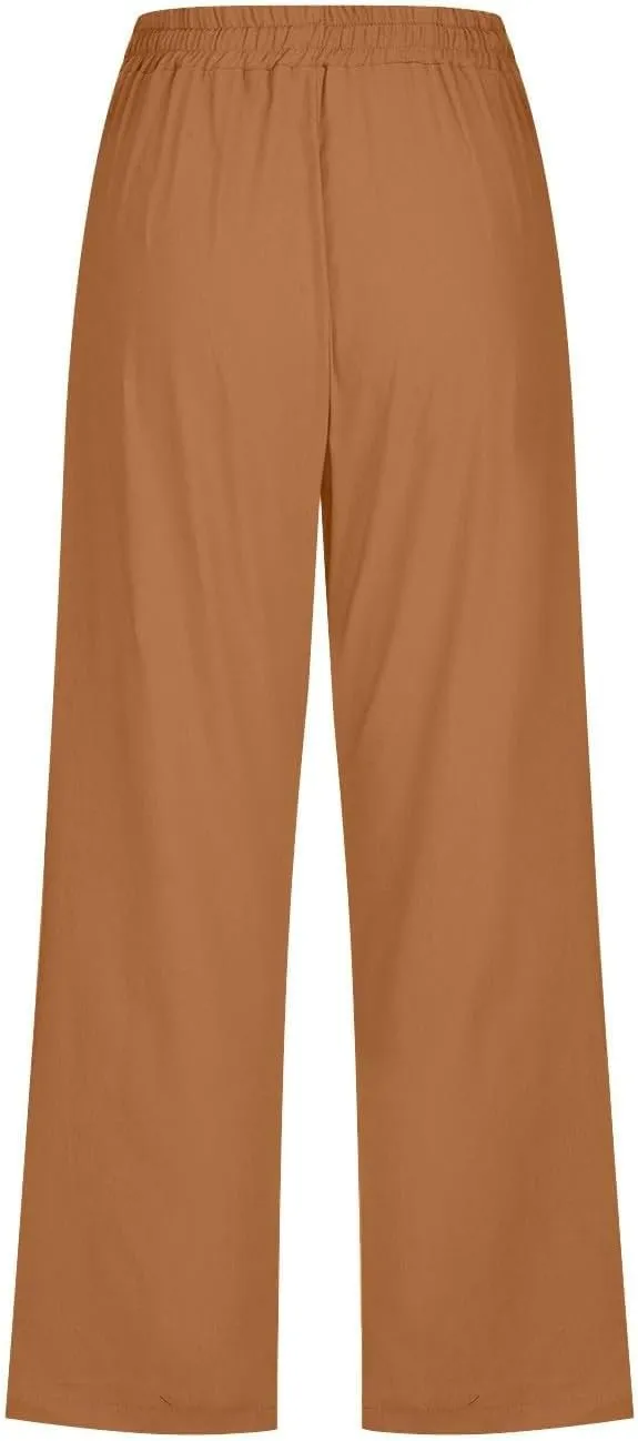 Capri Pants for Women Casual 2025 Summer Drawstring Elastic High Waist Linen Pant Straight Wide Leg Cropped Trouser