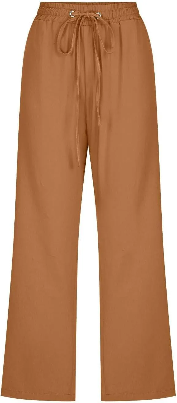 Capri Pants for Women Casual 2025 Summer Drawstring Elastic High Waist Linen Pant Straight Wide Leg Cropped Trouser