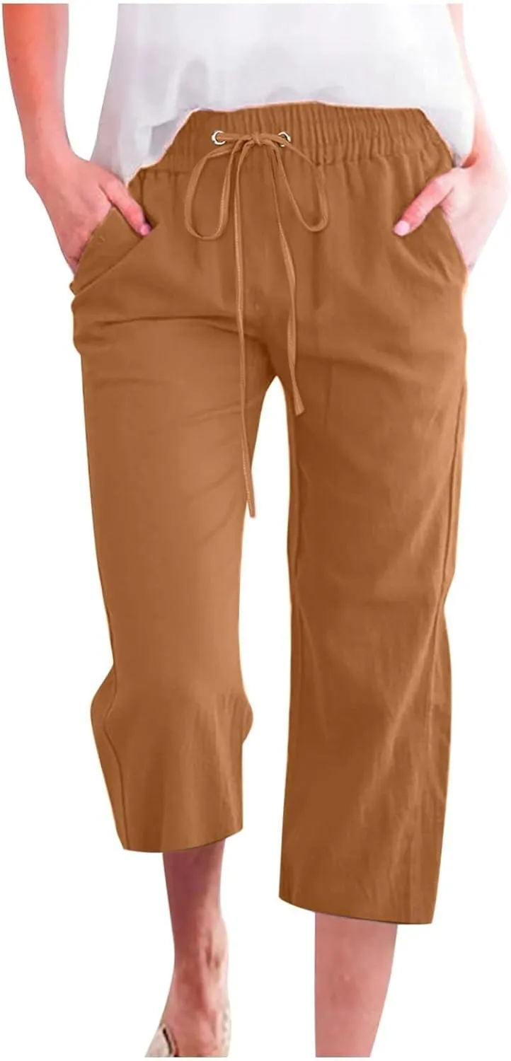 Capri Pants for Women Casual 2025 Summer Drawstring Elastic High Waist Linen Pant Straight Wide Leg Cropped Trouser