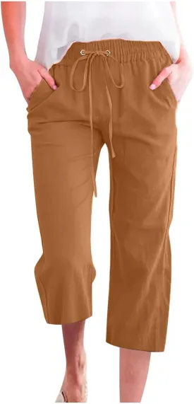 Capri Pants for Women Casual 2025 Summer Drawstring Elastic High Waist Linen Pant Straight Wide Leg Cropped Trouser