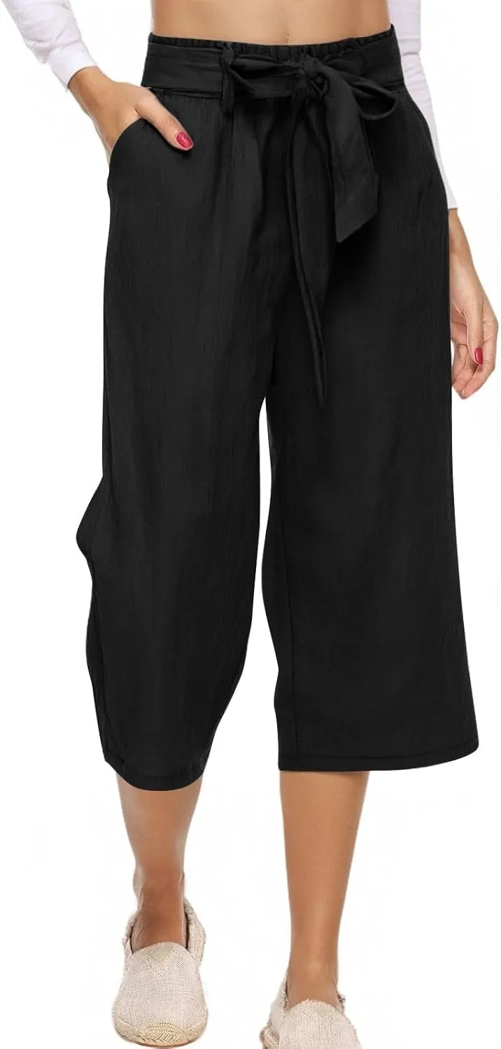 Capris Pants for Women Casual Summer Wide Leg Linen Pants Tie Belt Elastic Waist Beach Cropped Trousers with Pockets