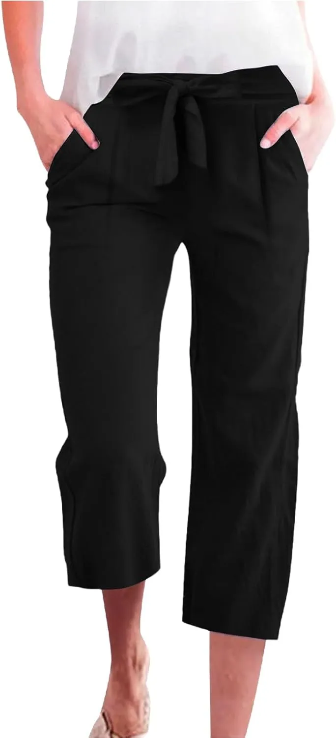 Capris Pants for Women Casual Summer Wide Leg Linen Pants Tie Belt Elastic Waist Beach Cropped Trousers with Pockets