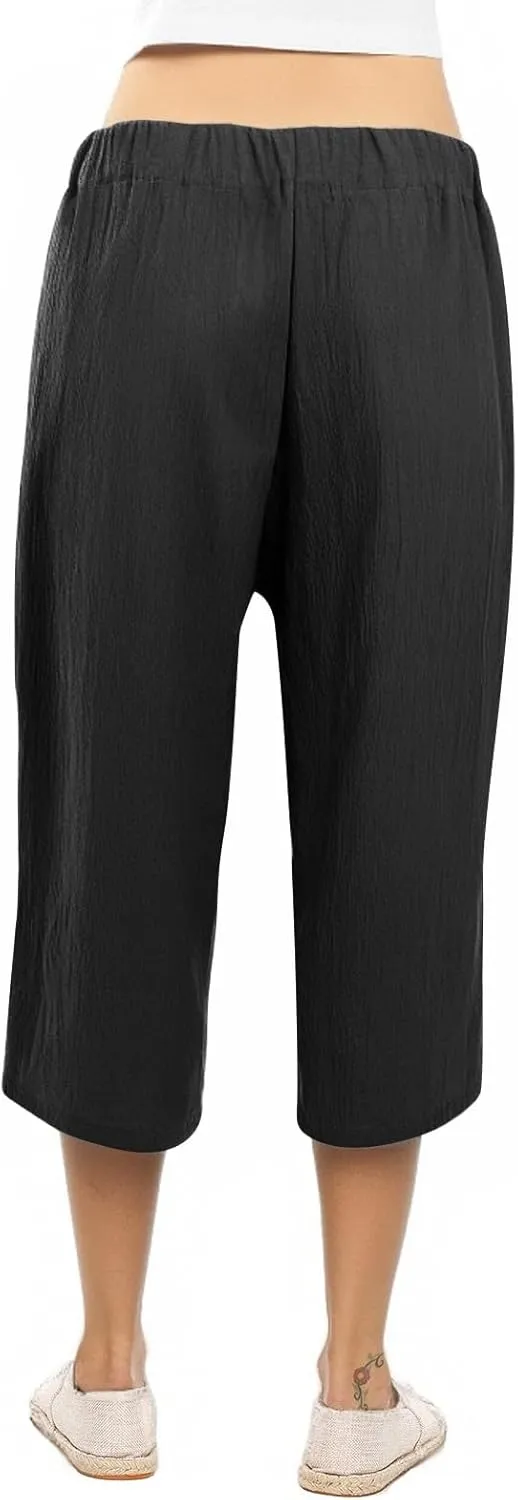 Capris Pants for Women Casual Summer Wide Leg Linen Pants Tie Belt Elastic Waist Beach Cropped Trousers with Pockets