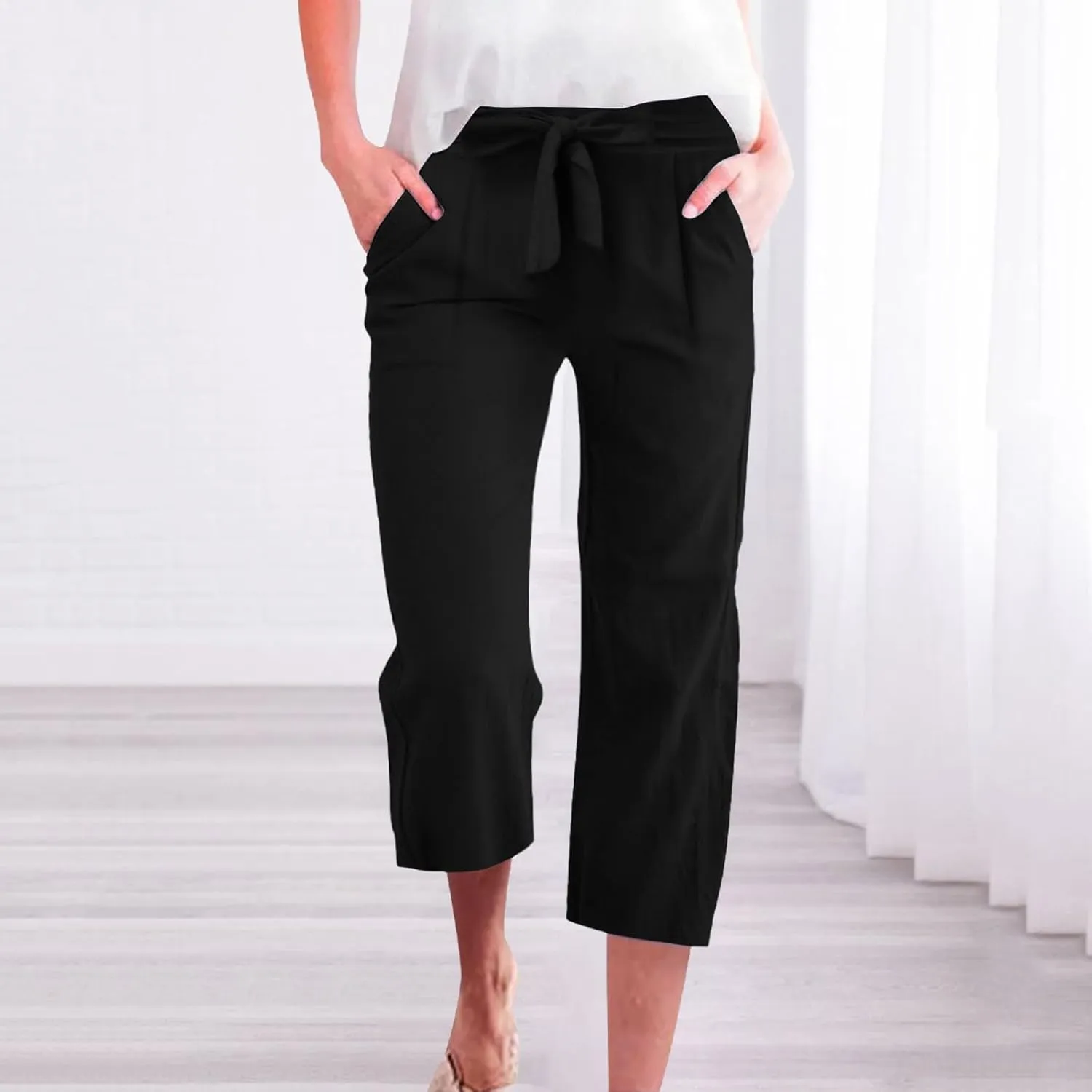 Capris Pants for Women Casual Summer Wide Leg Linen Pants Tie Belt Elastic Waist Beach Cropped Trousers with Pockets
