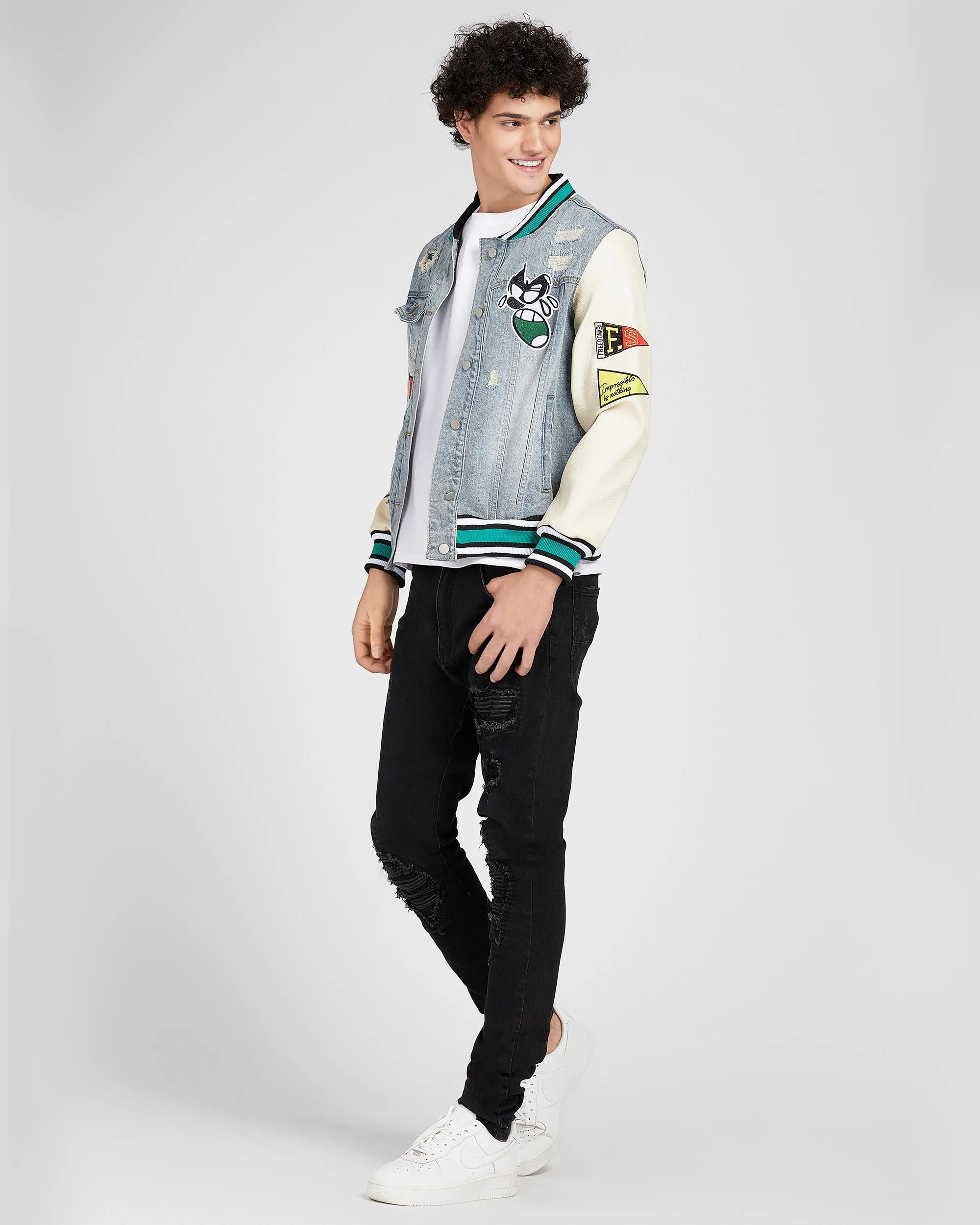Cartoon Baseball Denim Jacket with Ripped & Repaired
