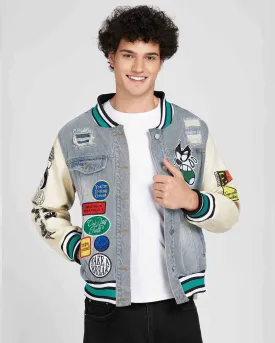 Cartoon Baseball Denim Jacket with Ripped & Repaired