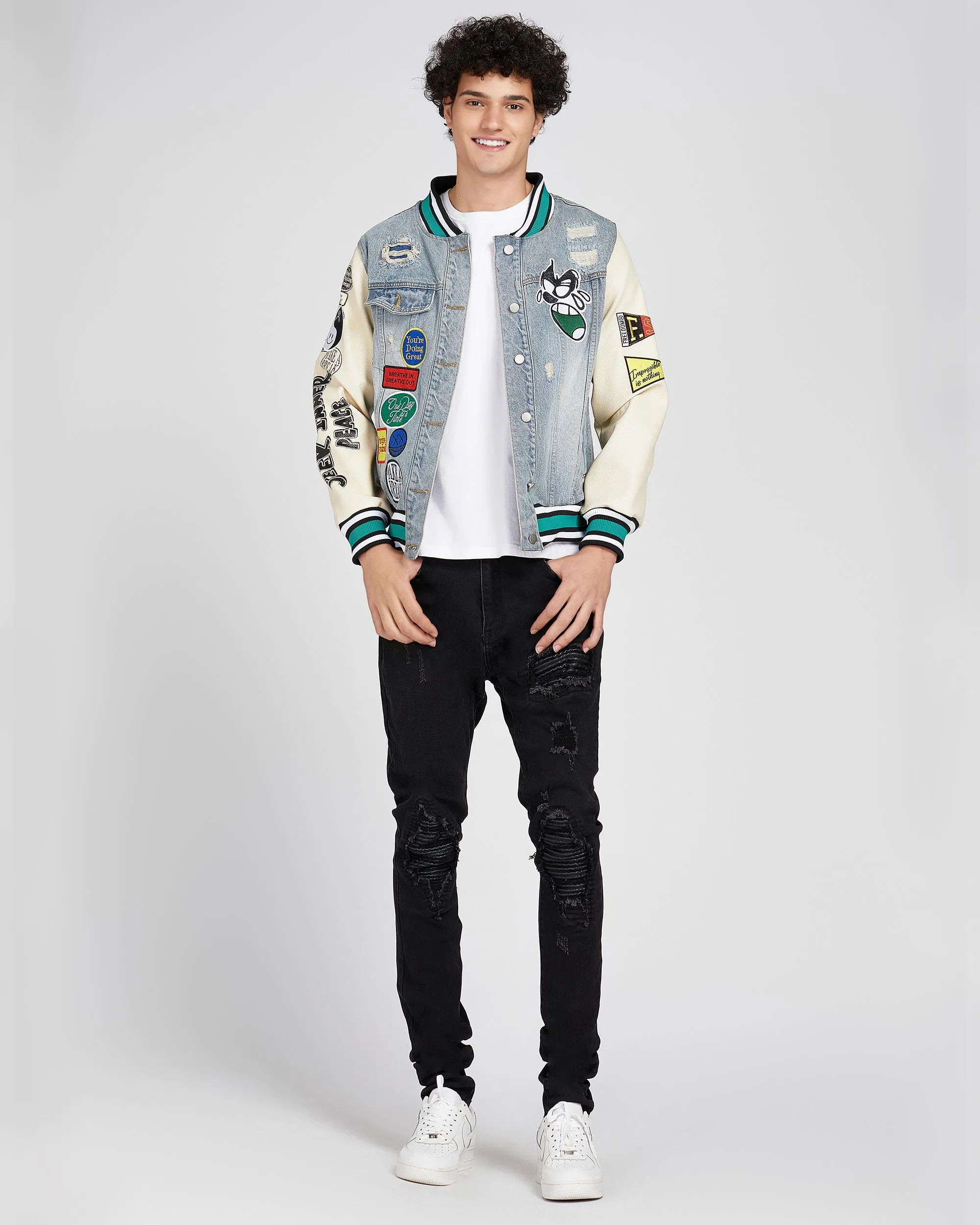 Cartoon Baseball Denim Jacket with Ripped & Repaired