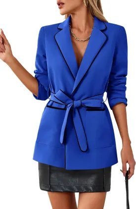 Cicy Bell Womens Belted Casual Blazer Long Sleeve Open Front Contrast Binding Suit Jackets Dressy Blouse Tops