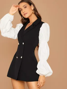 Contrast Lantern Sleeve Double Breasted Blazer Dress